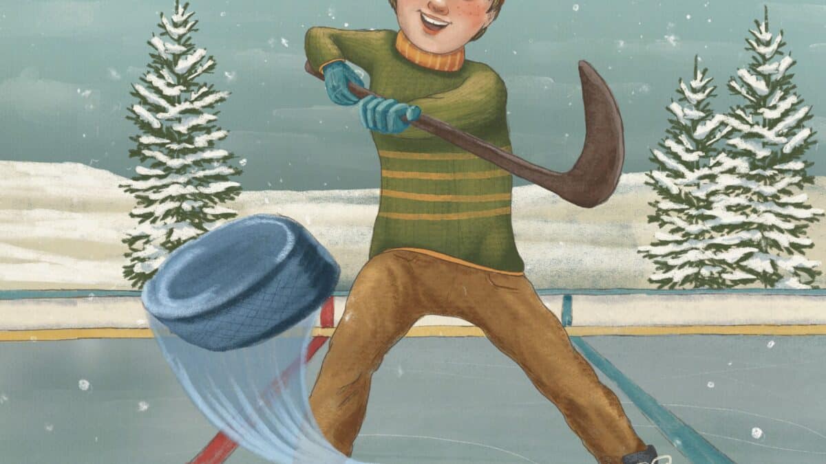 drawing of a little boy ice skating with a hockey stick