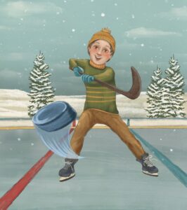 drawing of a little boy ice skating with a hockey stick